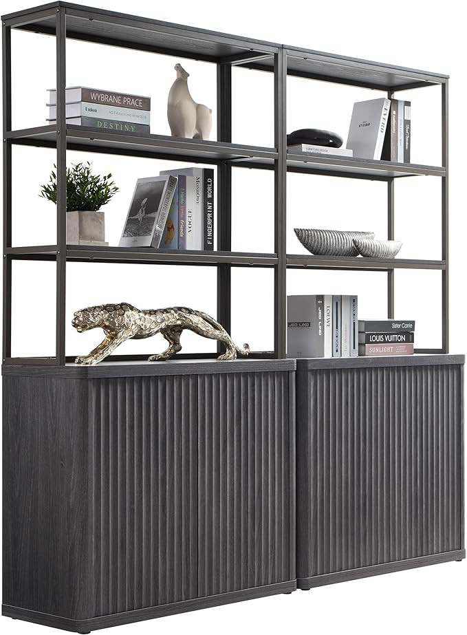 SICOTAS Book Shelf Fluted Bookshelf 71" Tall Bookcase with Doors Storage 5 Tier Mid Century Moder... | Amazon (US)