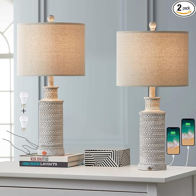 BOBOMOMO 3-Way Dimmable Touch Control Table Lamp Set of 2 with Dual USB Charging Ports for Bedroo... | Amazon (US)