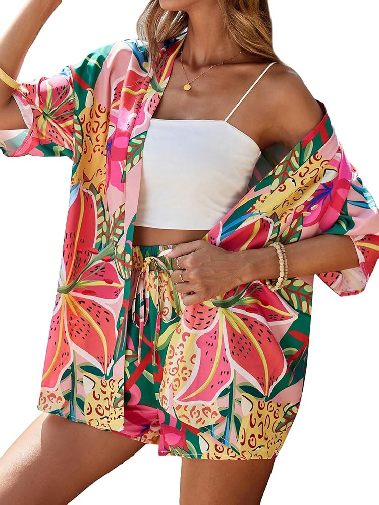 MakeMeChic Women's Plus Size Boho 2 Piece Outfits Short Sleeve Kimono Cardigan Casual Vocation Sh... | Amazon (US)