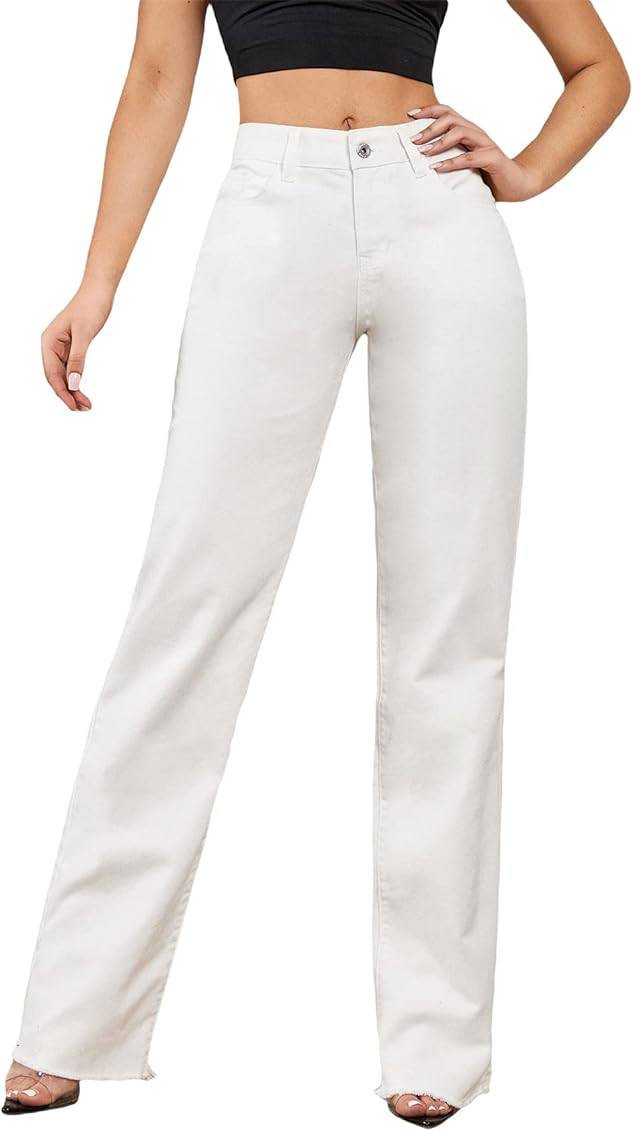 MakeMeChic Women's High Waist Pockets Ripped Straight Leg Jeans Denim Pants | Amazon (US)