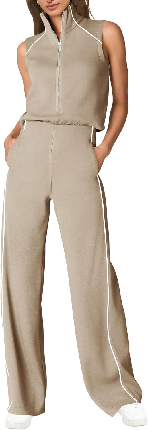 SENSERISE Womens Summer Jumpsuits Dressy Casual Sleeveless Mock Neck Top Wide Leg Pants Romper with Pockets | Amazon (US)