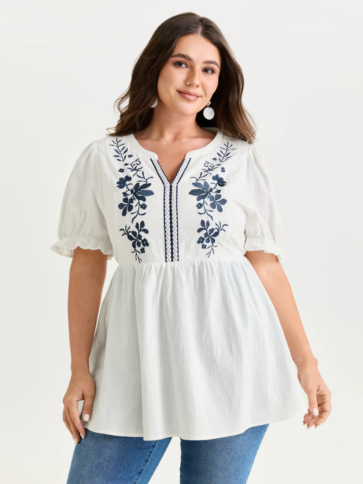 Cotton Floral Embroidered Notched Collar Blouse | Bloomchic