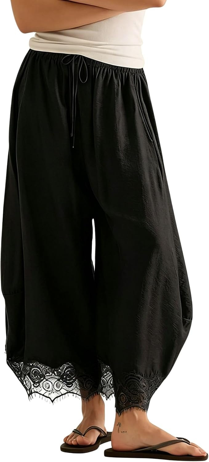 Women's Lace Hem Wide Leg Pants Summer Drawstring High Waist Ruffle Boho Beach Vacation Barrel Pa... | Amazon (US)