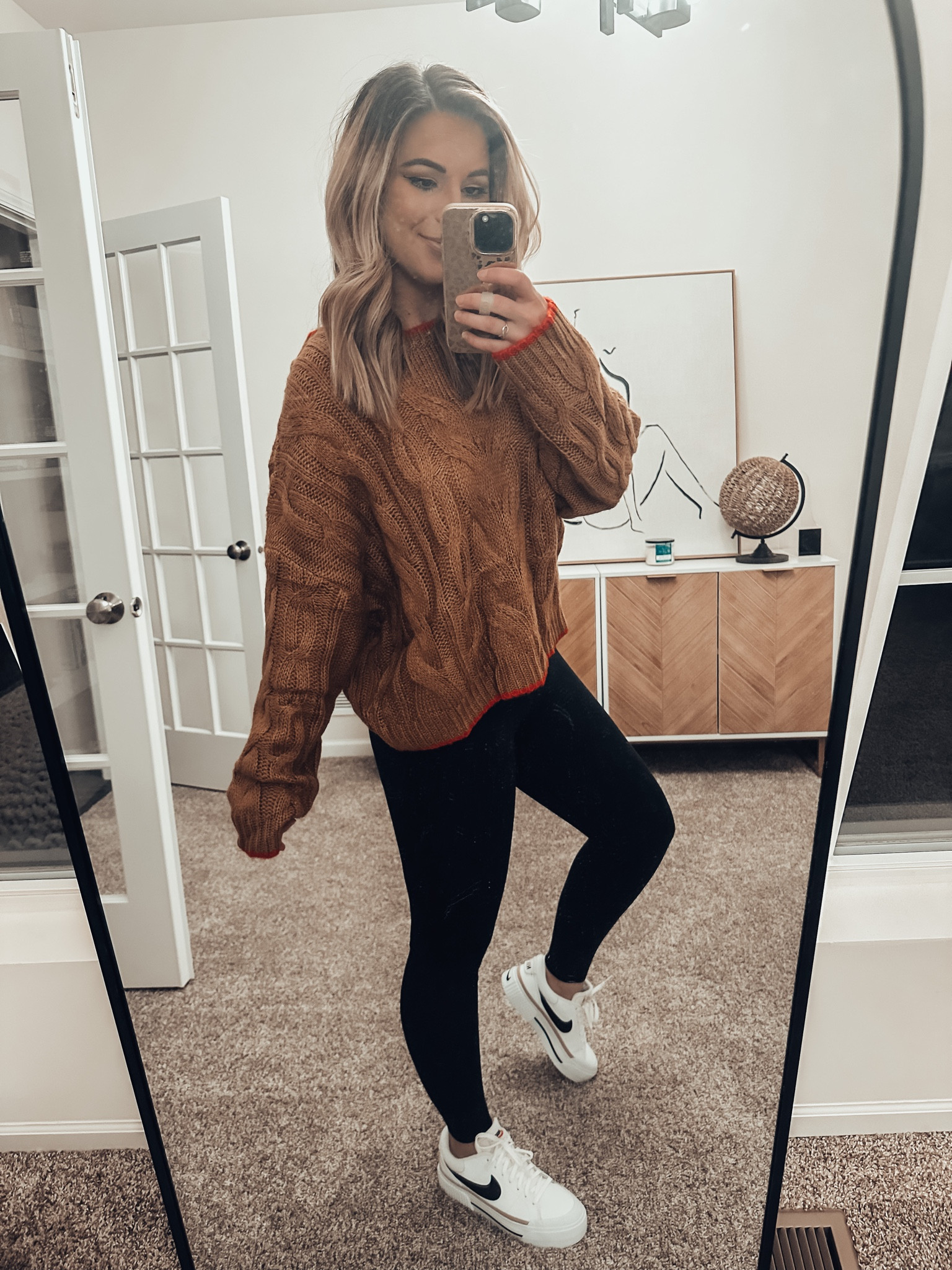 Cozy loose fit brown and red sweater, Amazon leggings, Nike sneakers 

Leggings S TTS
Sweater M TTS 
Nike sneakers 8 run big size down half size

#LTKstyletip #LTKshoecrush #LTKFind