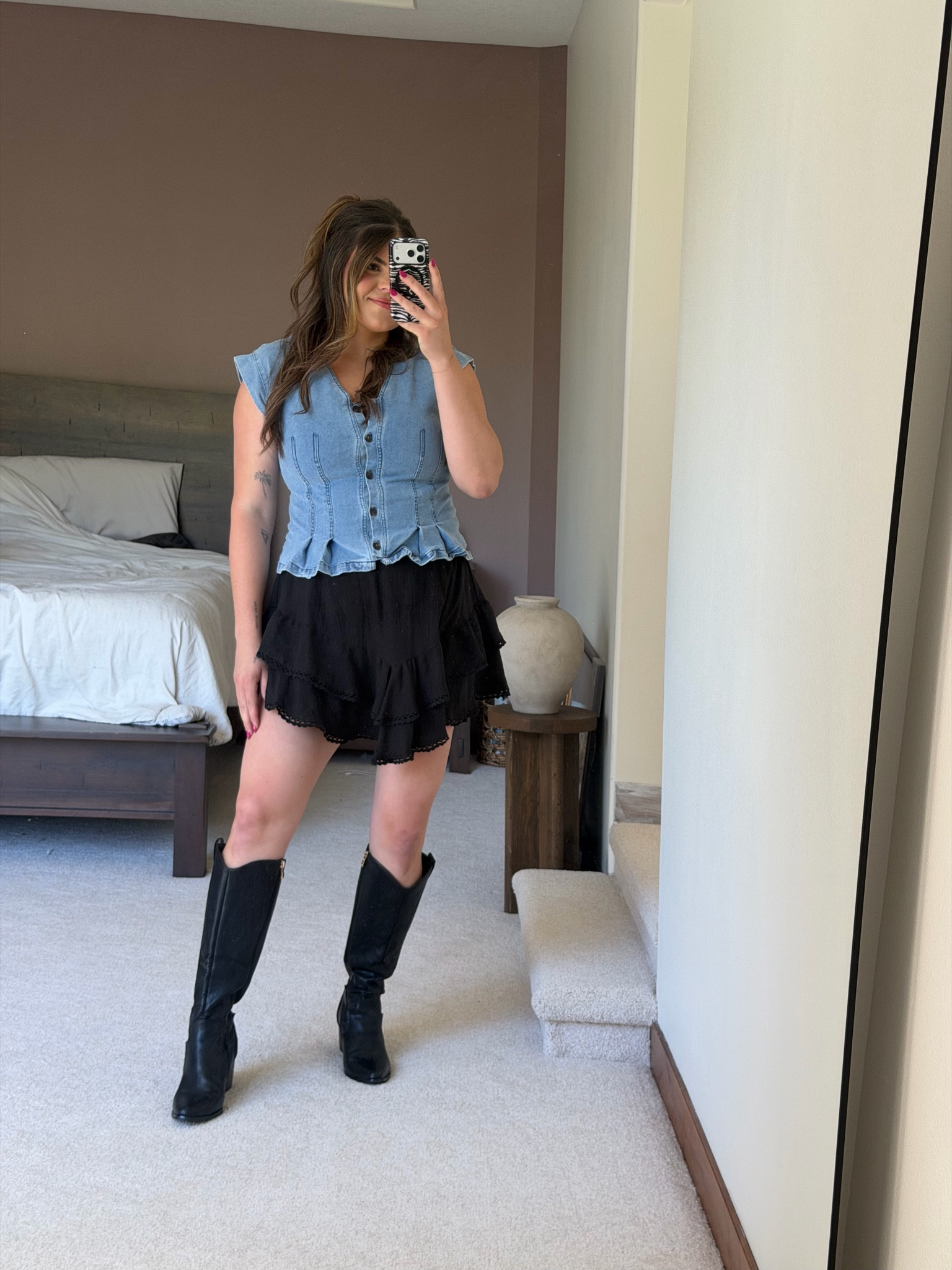 Country concert or Nashville outfit! 

Midsize and thick tummy approved! Wearing XL in the denim top and XL in the black ruffle skort from Amazon

Midsize, size 12, size 14, mom style, curvy outfit