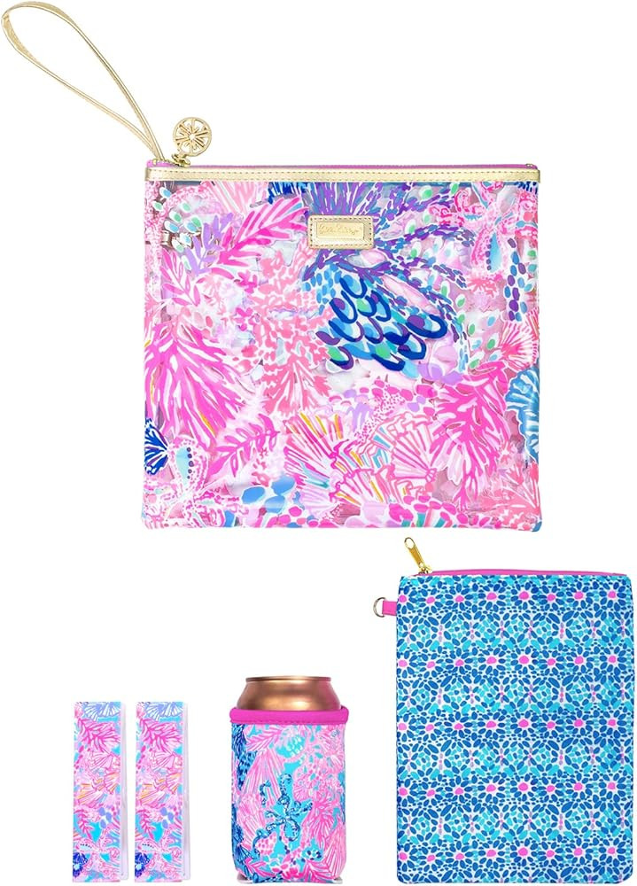 Lilly Pulitzer Water Resistant Vinyl Beach Day Pouch, Zipper Bag Includes Drink Hugger, Small Pou... | Amazon (US)