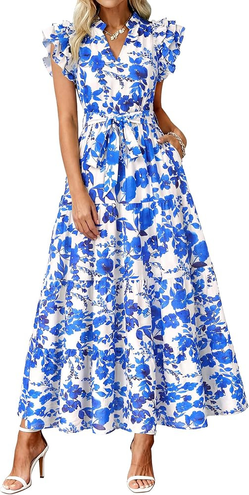 dowerme Women Summer Maxi Dresses 2026 Ruffle Sleeve V Neck Floral Boho Long Dress Belted Tiered ... | Amazon (US)