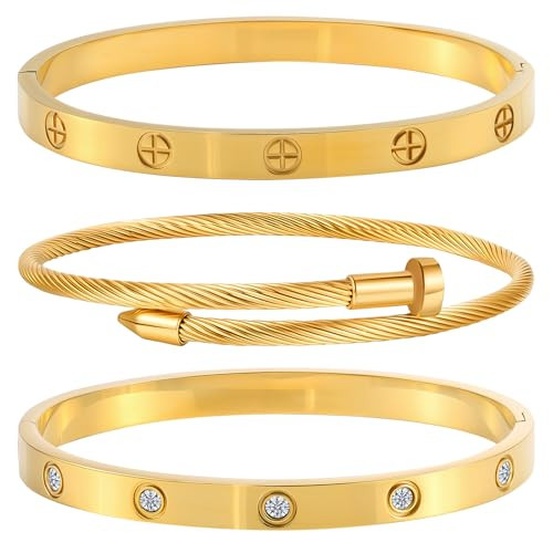 Gold Bracelets for Women - Stackable Bangles with Love & Friendship Theme - Stainless Steel Jewel... | Amazon (US)
