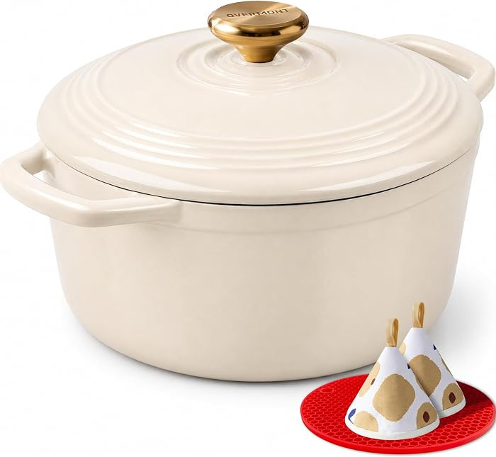 Overmont Enameled Cast Iron Dutch Oven - 5.5QT Pot with Lid Cookbook & Cotton Potholders - Heavy-... | Amazon (US)