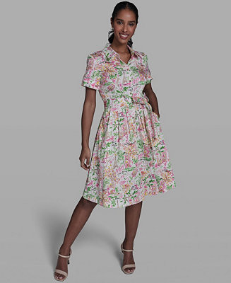 Women's Printed Short-Sleeve Tie-Waist Collared Shirt Dress | Macy's