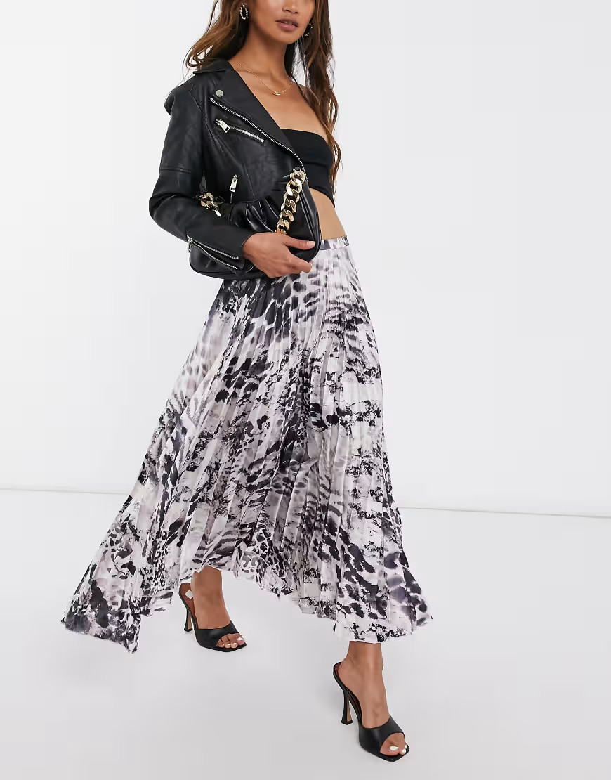 ASOS DESIGN satin pleated midi skirt in mono animal print-Multi | ASOS (Global)