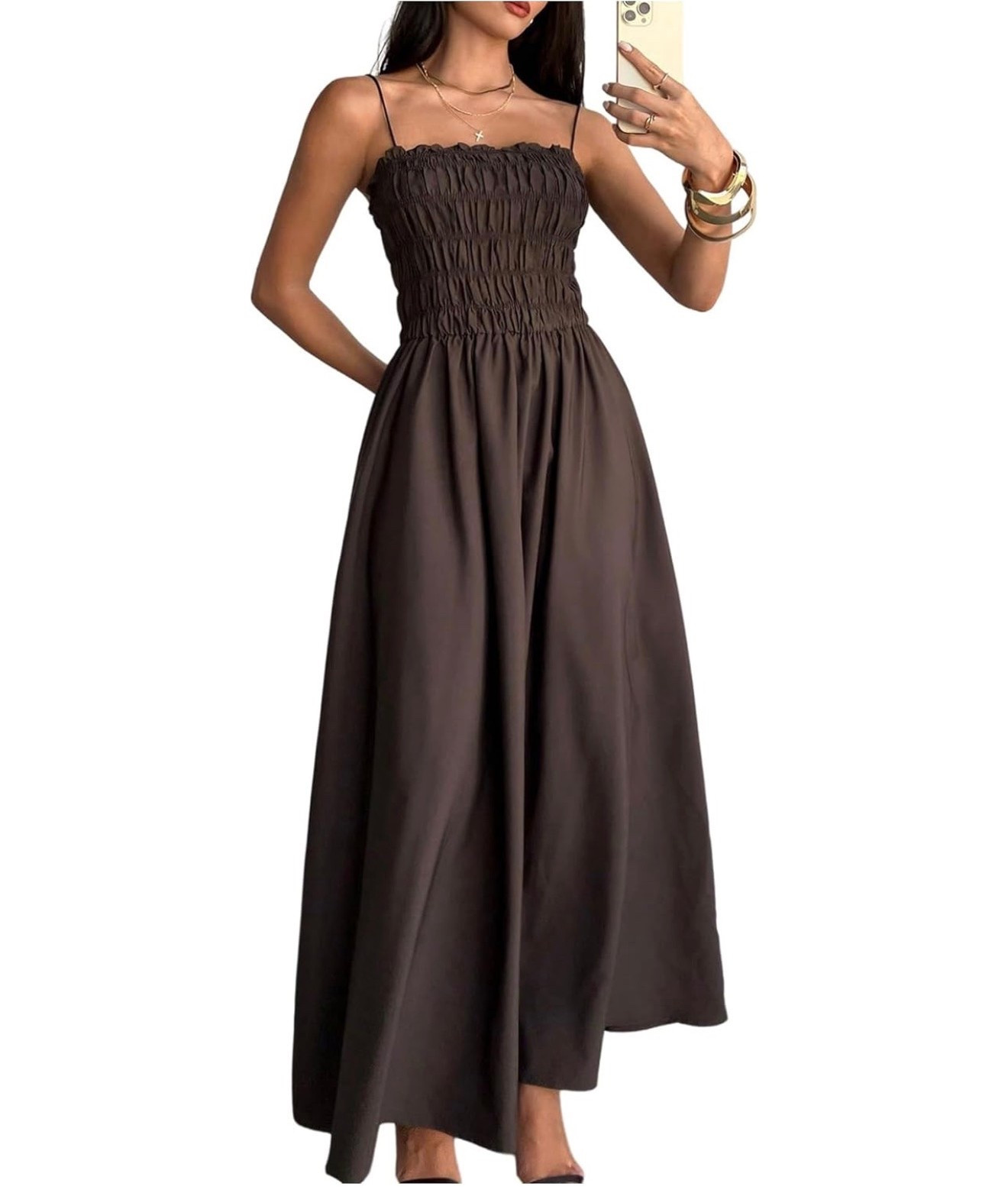 vacation outfits beach Floerns Women's Summer Long Dresses Spaghetti Strap Shirred Flared Hem Prom Cami Dresses #resortdress #vacation #dress #browndress #vacationoutfit #summerdress