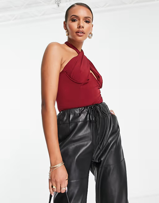 Trendyol structured plunge front bodysuit in red | ASOS (Global)
