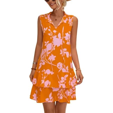 Niuer Women Summer Beach Sundress V Neck Short Dress Floral Print Mini Dresses Sexy Sleeveless Orang | Walmart (US)