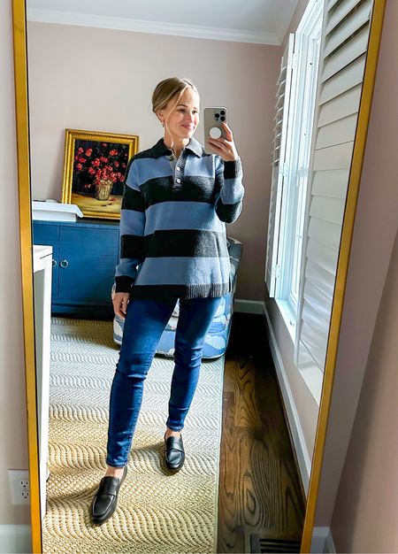 This Madewell rugby style sweater is such a comfortable (and cute) option for fall. I love it with these Madewell maternity skinny jeans (which run a little big BTW..size down). These loafers are also Madewell and fit TTS. They are INSANELY comfortable.

#LTKbump#LTKstyletip#LTKSeasonal