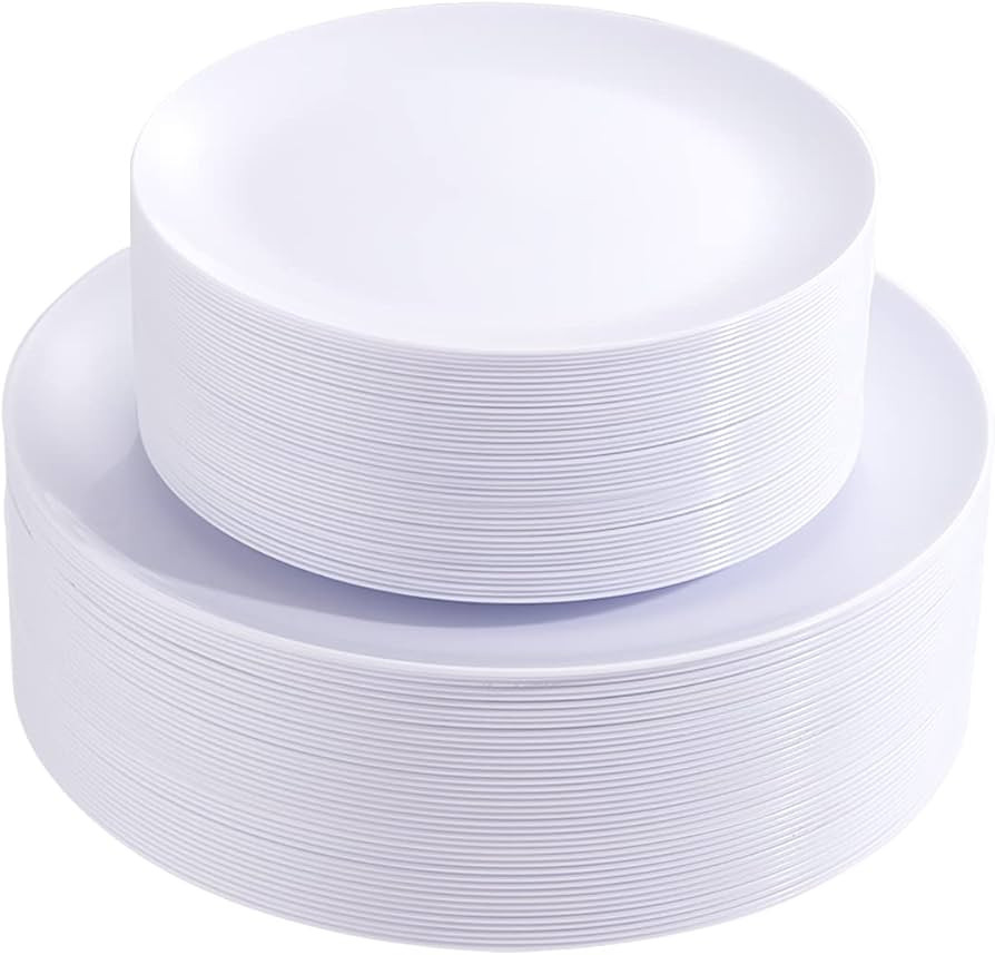 PULOTE 100PCS White Plastic Plates-Premium Quality Heavyweight White Disposable Plates including ... | Amazon (US)