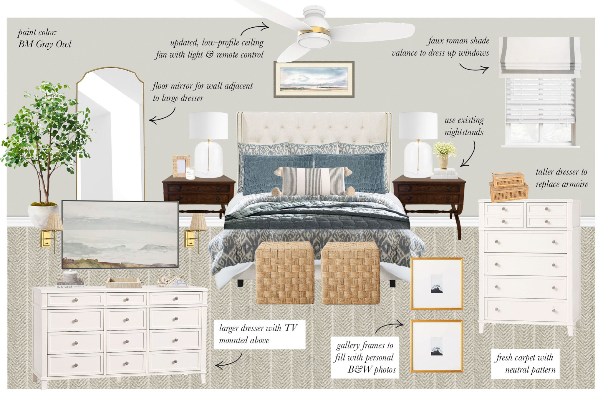 A little bit of Grand Millennial — a little bit of Coastal ✨
#edesign #edesigner #bedroomdesign #bedroomdecor #bedroomfurniture #dressers #bedframe #upholsteredbed #benjaminmooregrayowl #bedroomrefresh 

#LTKhome