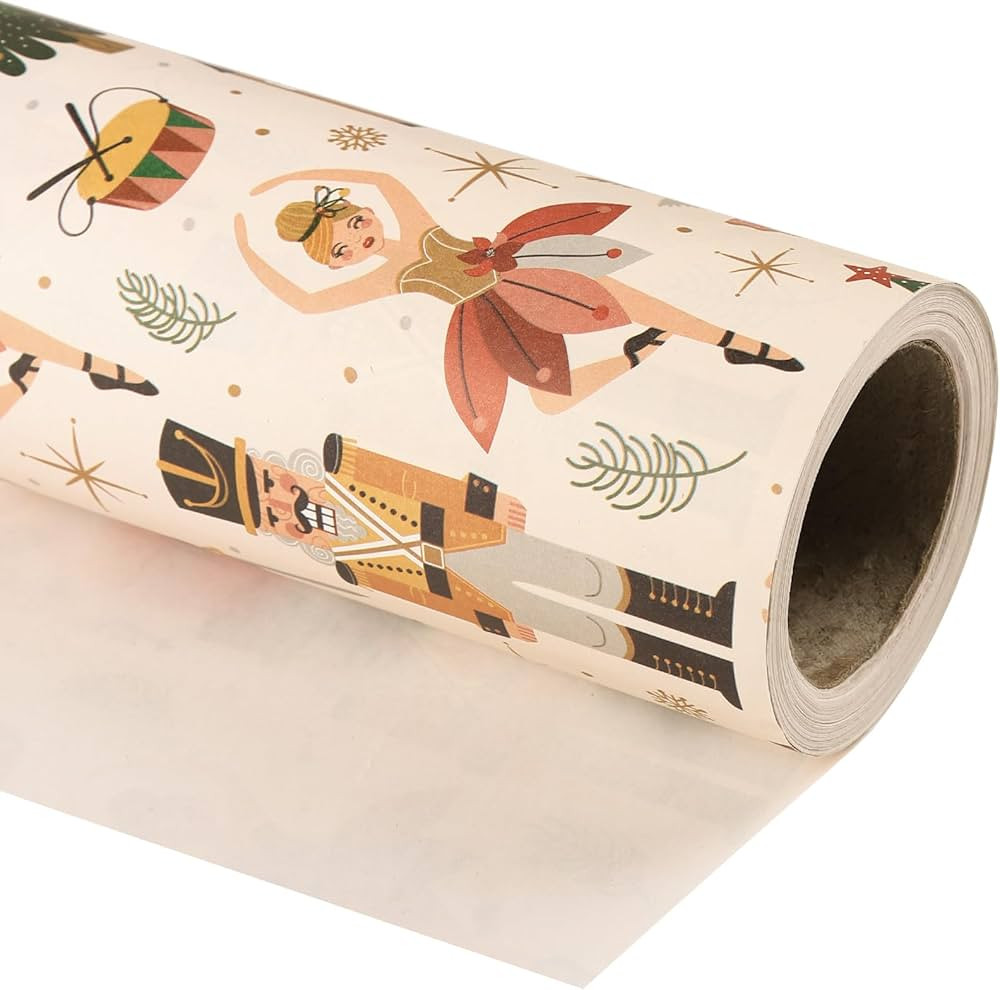WRAPAHOLIC Kraft Christmas Wrapping Paper - Mini Roll - 17 Inch x 33 Feet - White Nutcracker Desi... | Amazon (US)