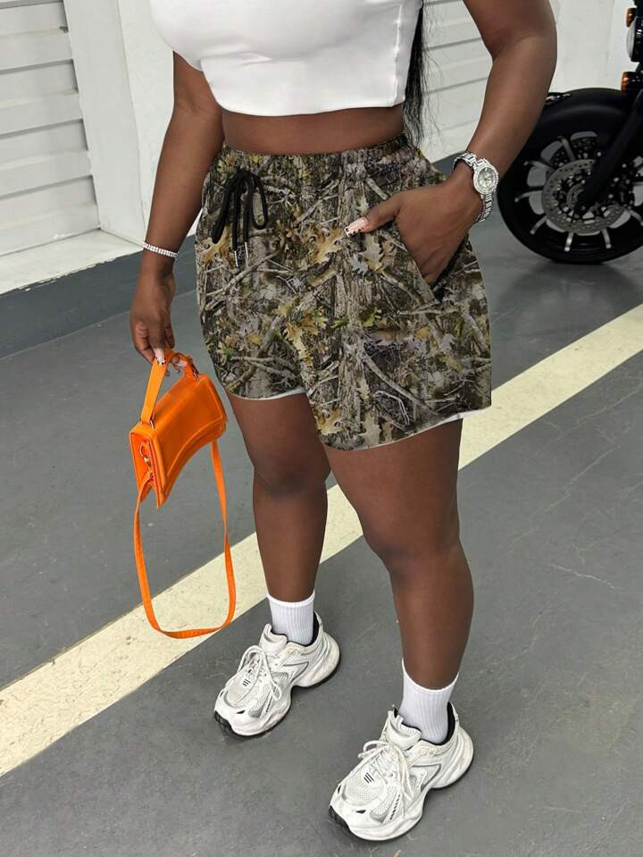 INAWLY Women's Branch/Twig Print Drawstring Waist Pockets Loose Shorts | SHEIN