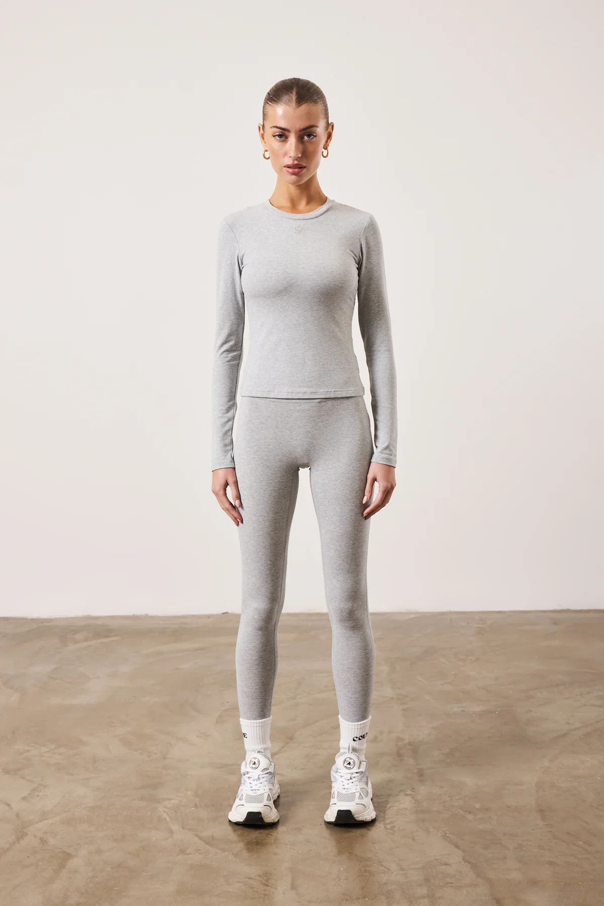 EMBLEM JERSEY LONG SLEEVE TOP - GREY MARL | The Couture Club