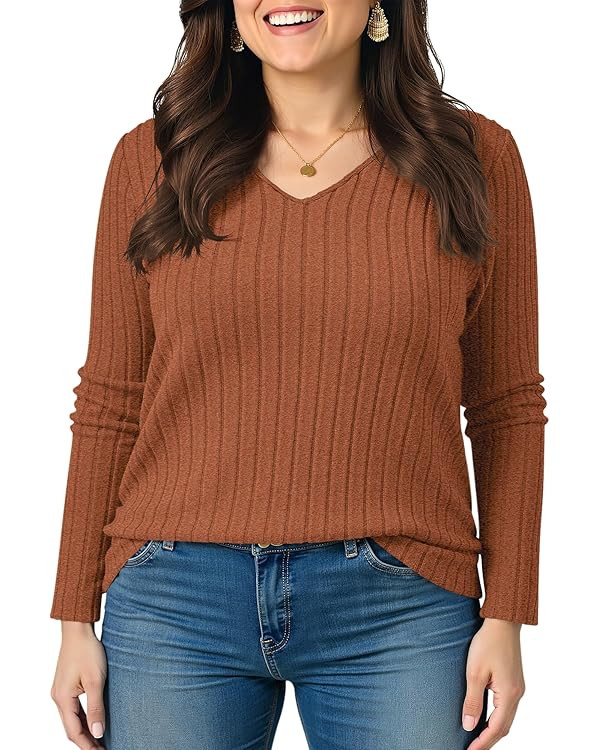 TIANZHU Women's Plus Size Tops V Neck Lightweight Blouse Long Sleeve Tunic Sweater for Casual Goi... | Amazon (US)