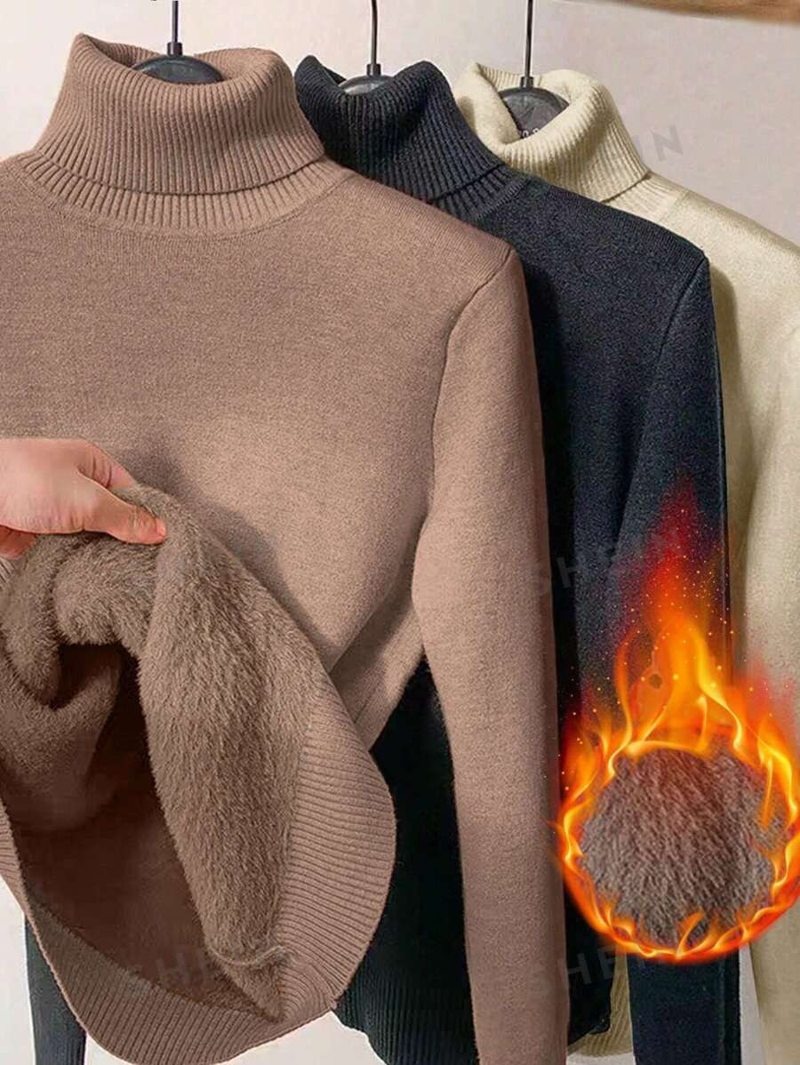 SHEIN Essnce 3pcs/Set Fall Thick Fleece Lined Ribbed Turtleneck Long Sleeve Sweater Set, Warm For... | SHEIN