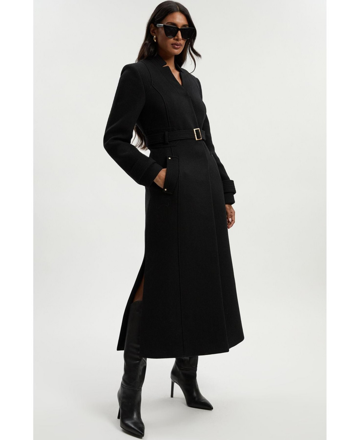 Karen Millen Women's Wool Notch Neck Belted Maxi Coat - Black | Macy's