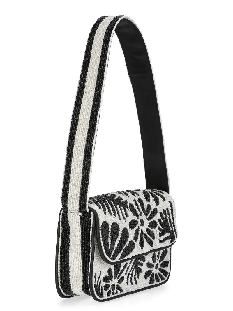 Scoop Women's Beaded Flap Shoulder Bag, Black/White | Walmart (US)