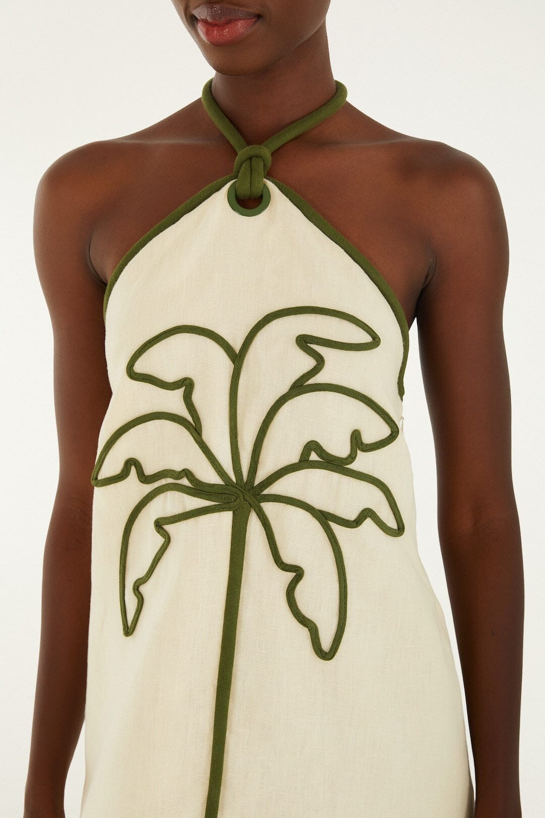 Sand Coconut Embroidery Halter Neck Euroflax\ufffd Premium Linen Mini Dress | FARM Rio | FarmRio (US)