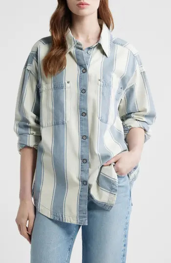 Free People Crossroads Stripe Button-Up Shirt in Indigo Combo at Nordstrom Rack, Size X-Large | Nordstrom Rack