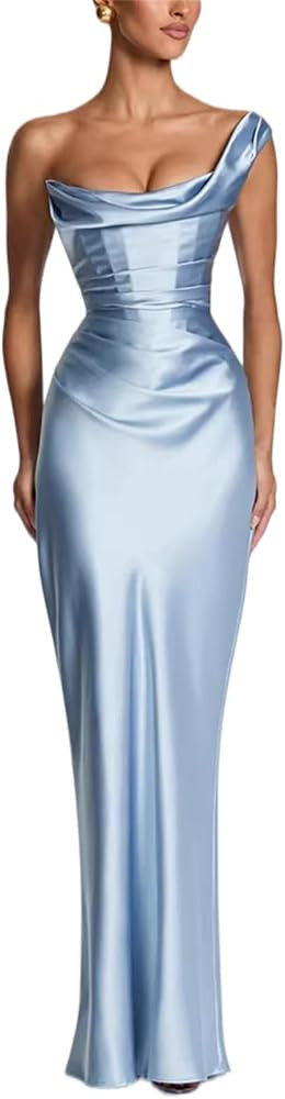 Elegant Satin Off the Shoulder Ruched Backless Maxi Dress for Women Long Ball Gown Mermaid Pleate... | Amazon (UK)