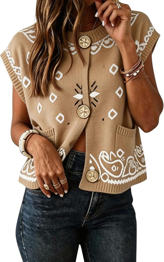 Womens Bandana Paisley Knit Vest Sleeveless Cropped Cardigan | Amazon (US)