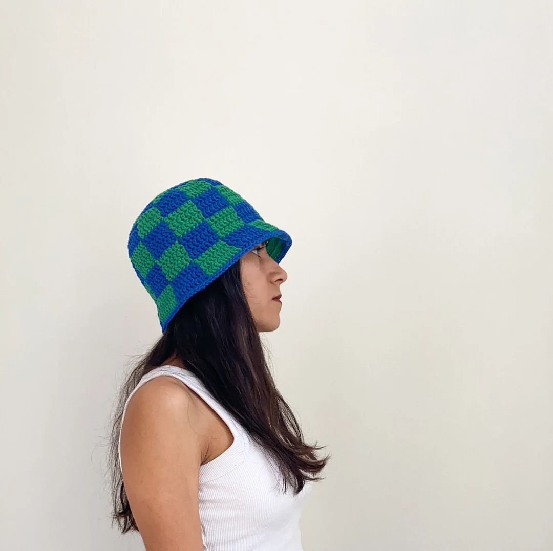 Blue and green hand knit checkered bucket hat, trendy bucket hat | Etsy (US)