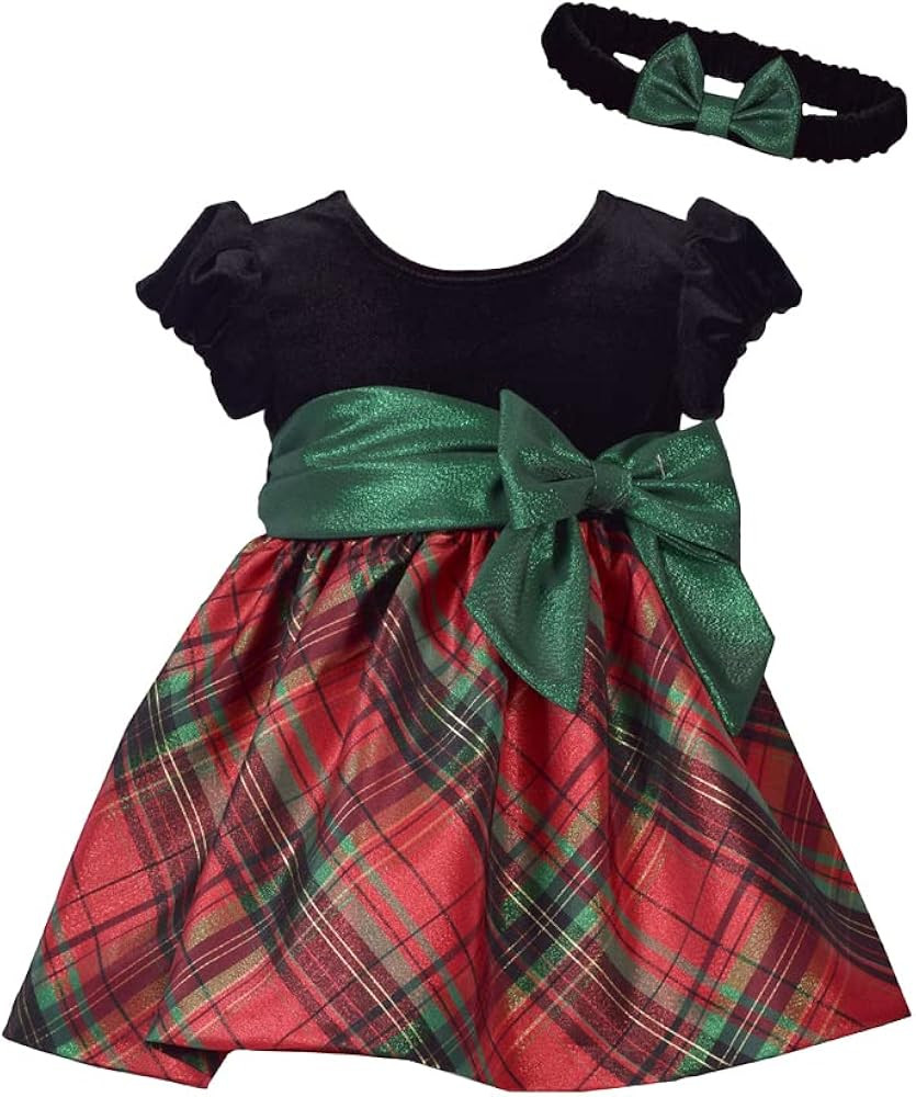 Bonnie Jean Girls Holiday Christmas Dress - Classic Plaid with Velvet with Hair Accessories | Amazon (US)
