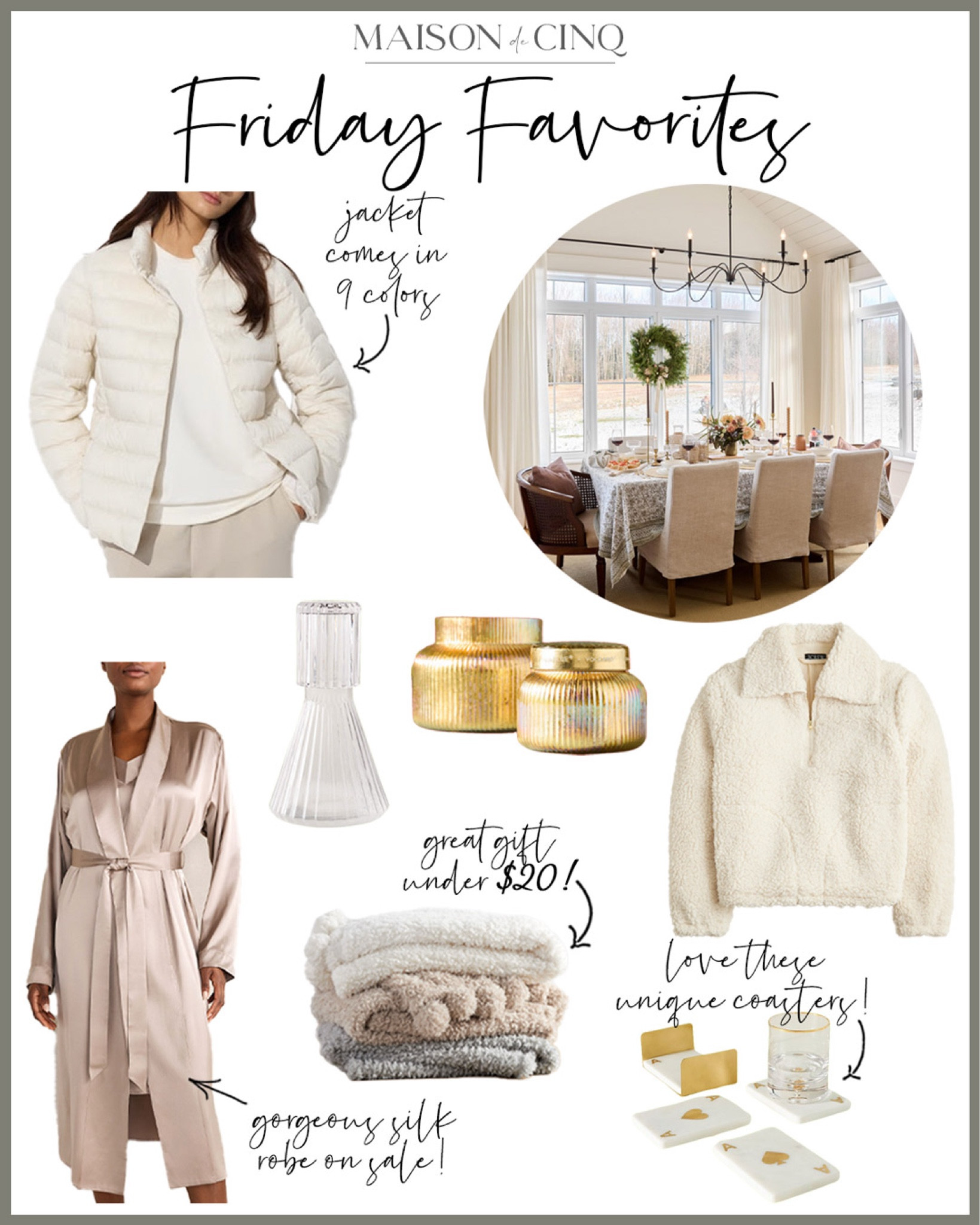 This week’s Friday Favorites is full of cozy gifts like our favorite pajamas, cozy throws, a gorgeous silk robe half off, plus the best candle on sale, our favorite lightweight puffer, and more! All get here in time for Xmas!!

Home decor, holiday outfit, party outfits, holiday dress, tech gifts, gift ideas, gifts for women, gifts for her, stocking stuffers 

#LTKParties #LTKGiftGuide #LTKHome