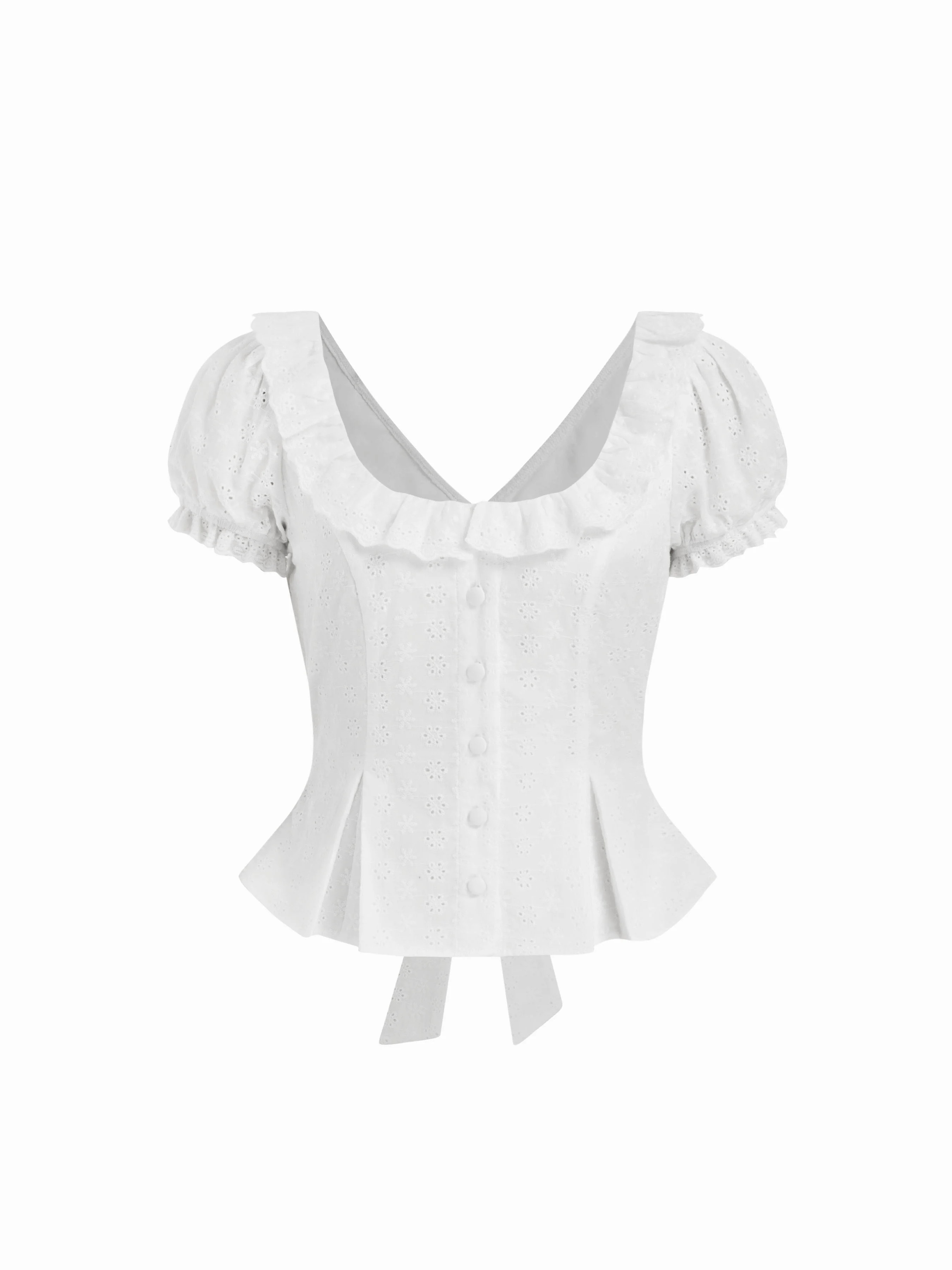 Cotton Jacquard Ruffled Scoop Neck Puff Sleeve Peplum Blouse For Daily Casual | Cider
