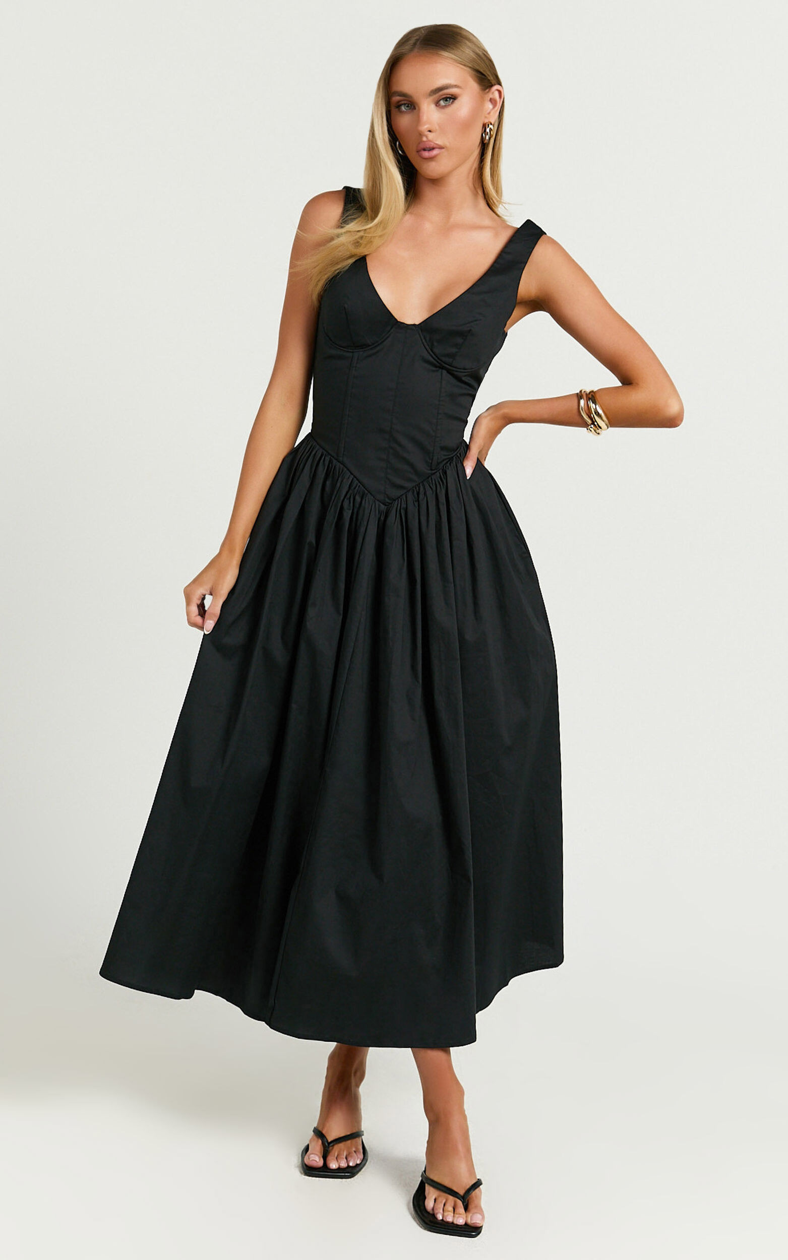 Beckett Midi Dress - Scoop Neck Drop V Waist Gathered Skirt Dress in Black | Showpo (US, UK & Europe)