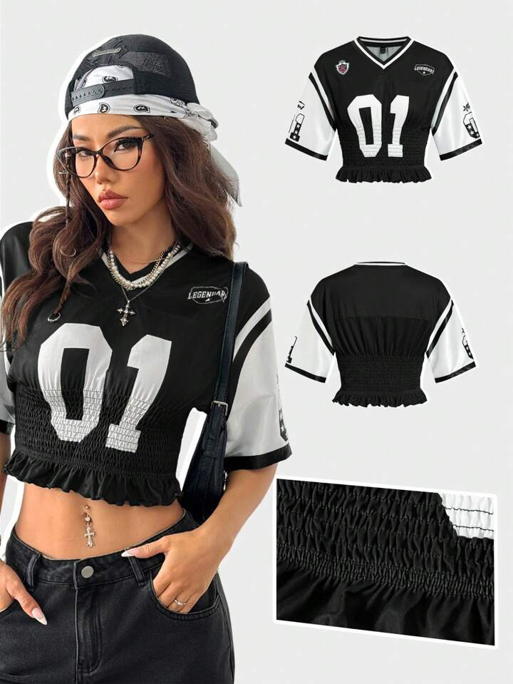 SHEIN Coolane Tween Girls Fall Y2K Sport Number Graphics Football Jersey Ruched T-Shirt | SHEIN
