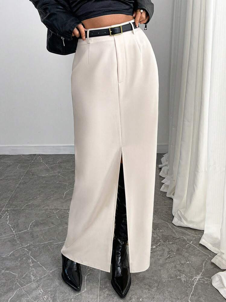 INAWLY Women's Off-White Solid Slit Elegant Office Midi Skirt,Winter Slim Fit Bodycon Casual Skirt,Flattering Pear Apple Shape Friendly,Vintage Party Skirt | SHEIN