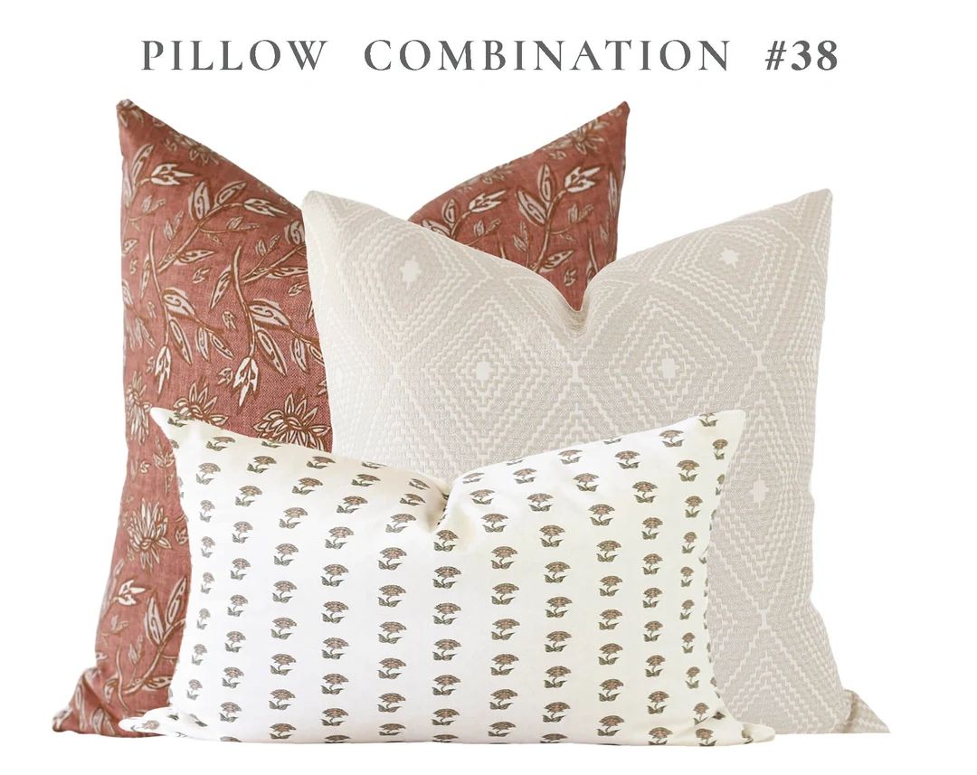 Pillow Combination Set, Terracotta Floral Pillow, Rust Pillow, Modern Farmhouse, Diamond Pattern ... | Etsy (US)