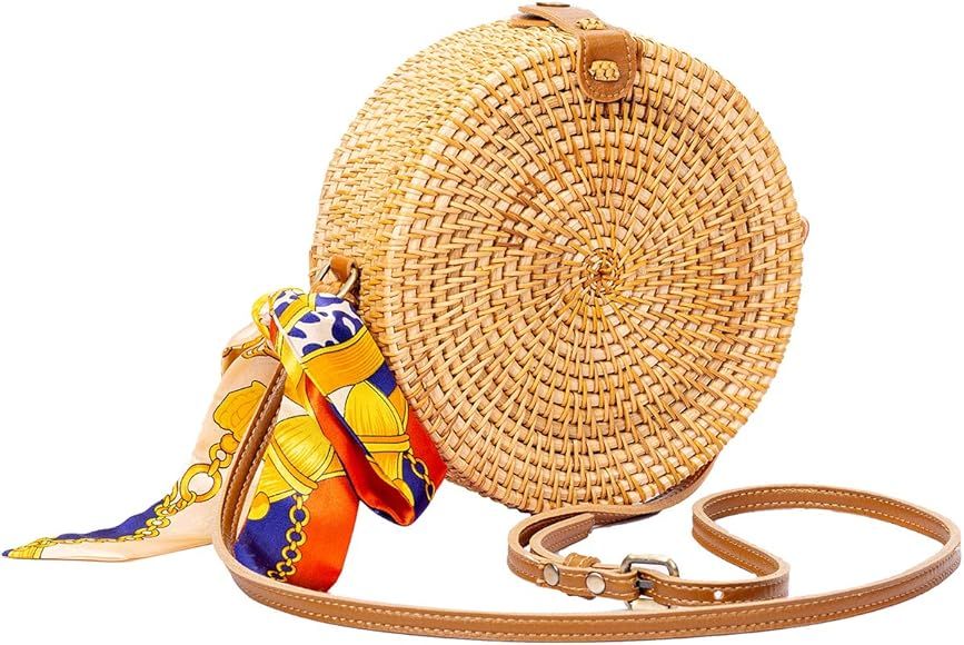 Handwoven Round Rattan Bag for Women Straw Bag Beach Crossbody Purse with Shoulder Straps Lined B... | Amazon (US)