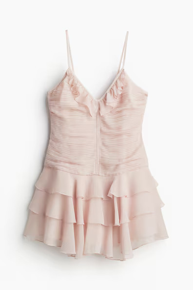 H & M - Chiffon Dress with Tiered Skirt - Pink | H&M (US + CA)