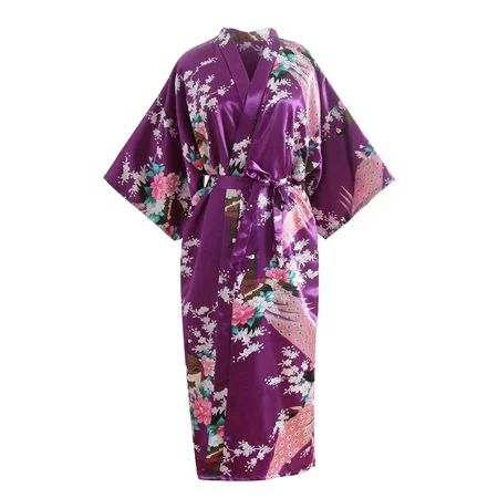 BIZIZA Womens Floral Kimono 3/4 Sleeve Loungewear Robes Long Bathrobe Bride Party Bridesmaid Robe Si | Walmart (US)
