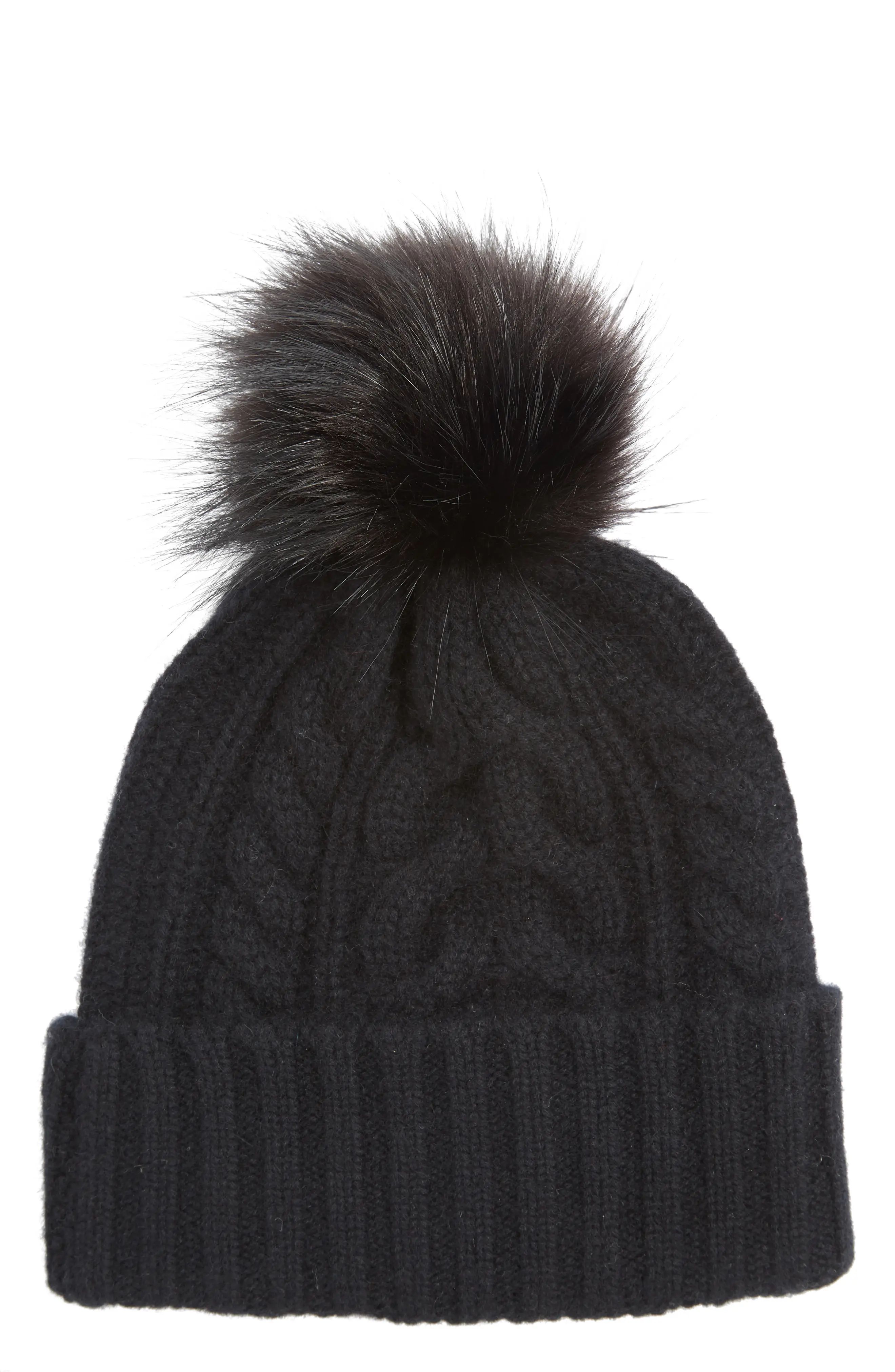 Cashmere Cable Knit Beanie with Faux Fur Pom | Nordstrom