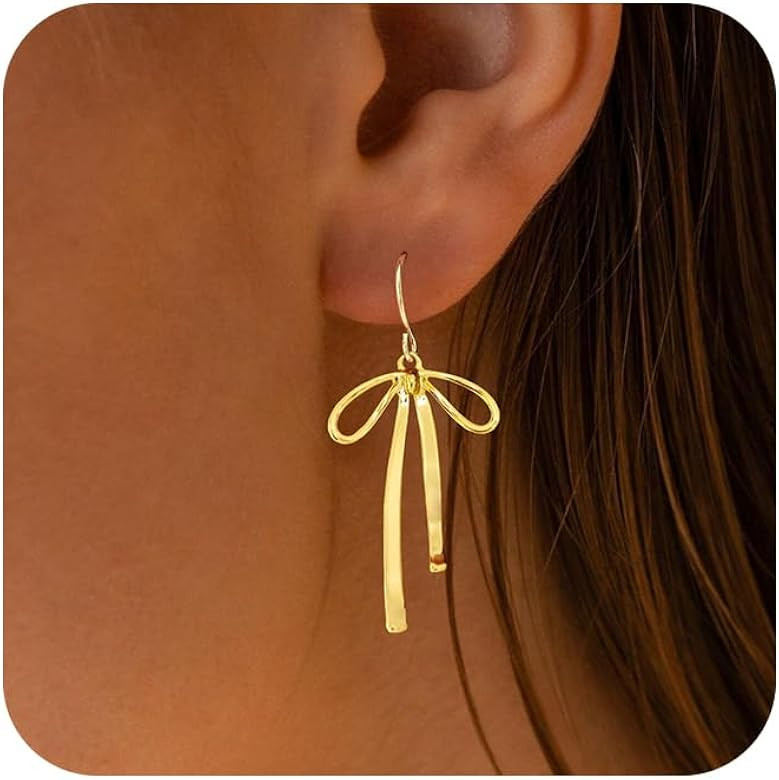 Gold Bow Earrings for Women Trendy, Cute Bow Stud Earring 14k Gold Plated Dainty Ribbon Pearl Bow... | Amazon (US)