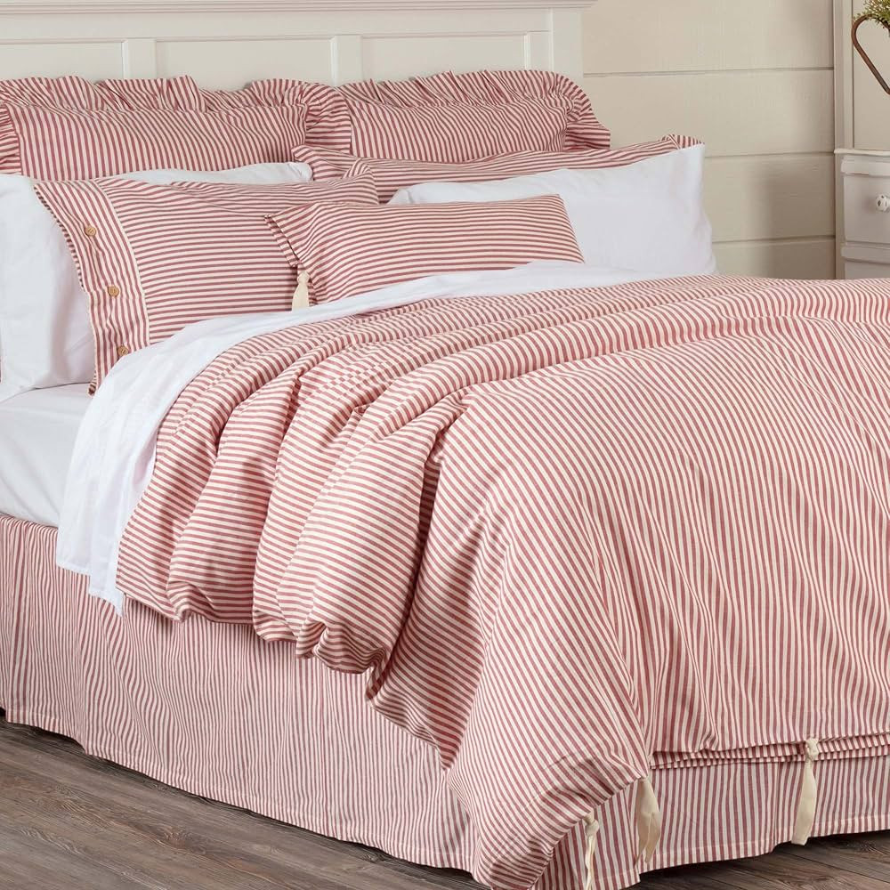 Farmhouse Ticking Stripe Duvet Cover Bedding, Red & Off-White, Queen 92x91, Comforter Cover w/Twi... | Amazon (US)