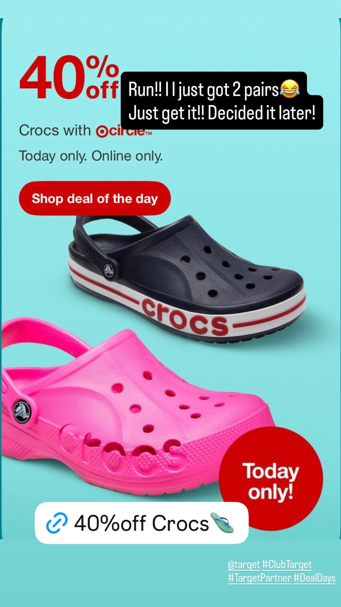 Today only!! Crocs shoes 40% off!! Just get it, it run out fast! Including Adult shoes and toddler crocs.

#rundealTarget #targetfinds #dealdays #crocs

#LTKKids #LTKootd #LTKSaleAlert