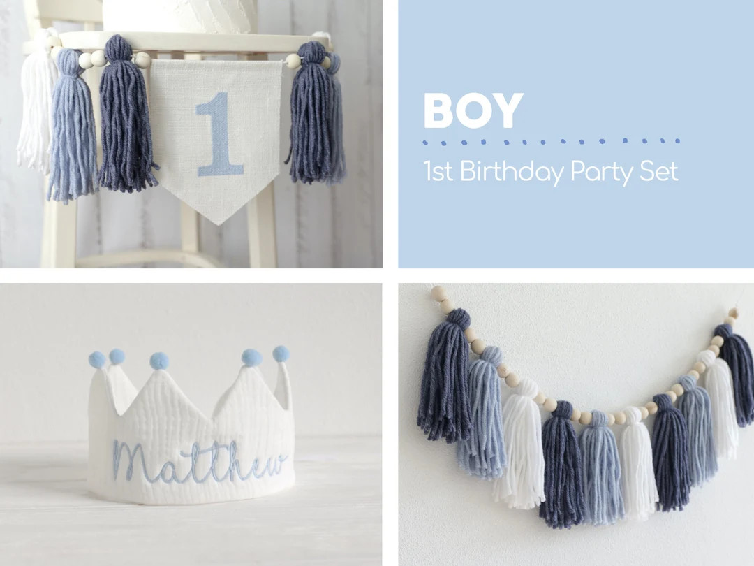 1st Birthday Party Bundle, Boy High chair banner, Shades of Blue cake smash Party, 1st birthday d... | Etsy (US)