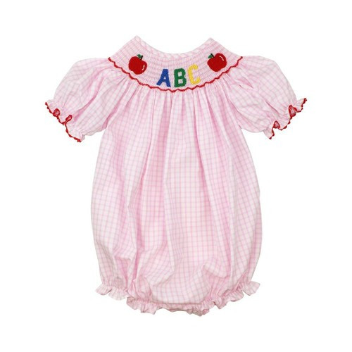 Pink Windowpane Smocked ABC Apple Bubble | Cecil and Lou
