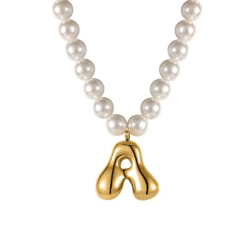 Bubble Initial Pearl Necklace Gold Freshwater Pearl Initial Necklace for Women Customized Women'S Name Pendant Big Letter Bubble Pendant Gold Bubble Letter Jewelry Mother'S Day Gift for Women (U) | Amazon (US)